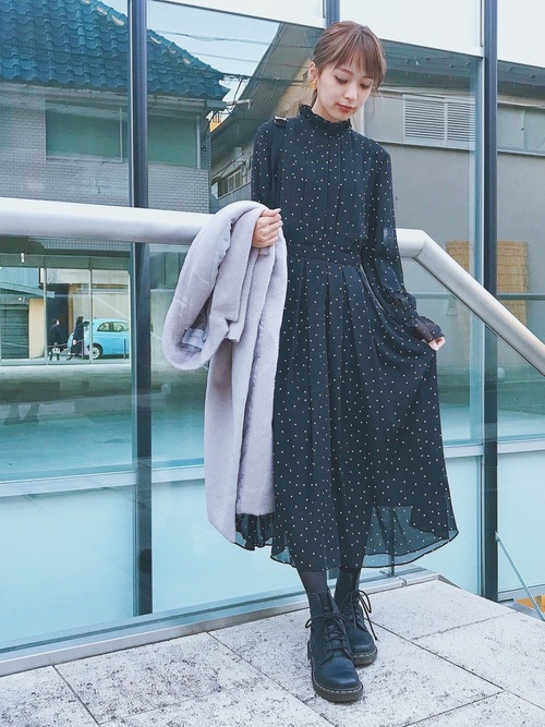 Chie Katoのドットプリントタックワンピースを使ったコーディネート