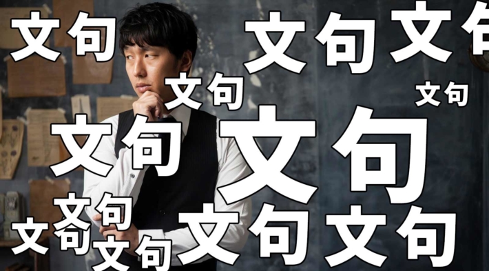 「文句」と書かれた沢山のテキストと黒板の前で考える男性