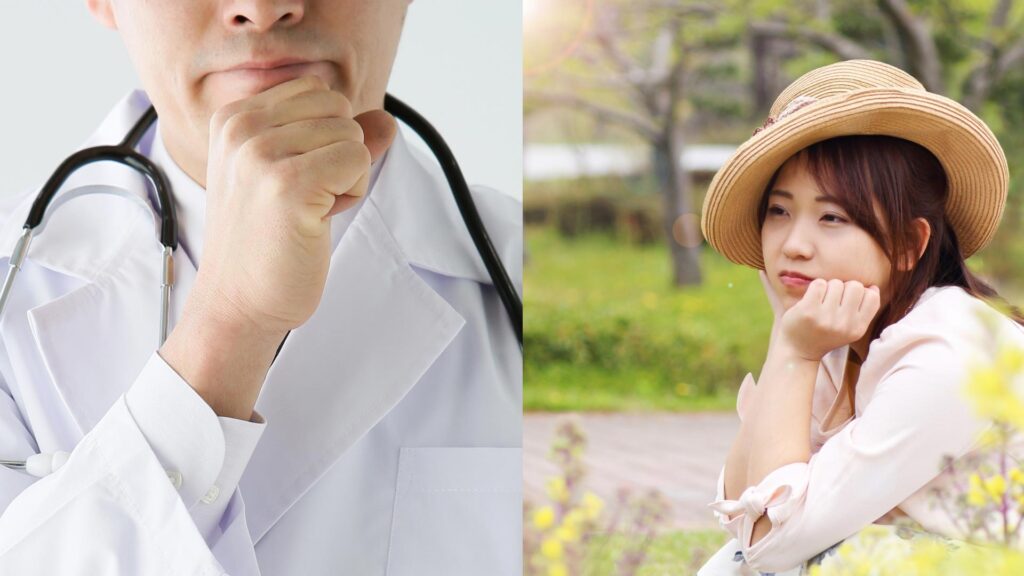 悩んでいるお医者さんとふてくされた表情の女性